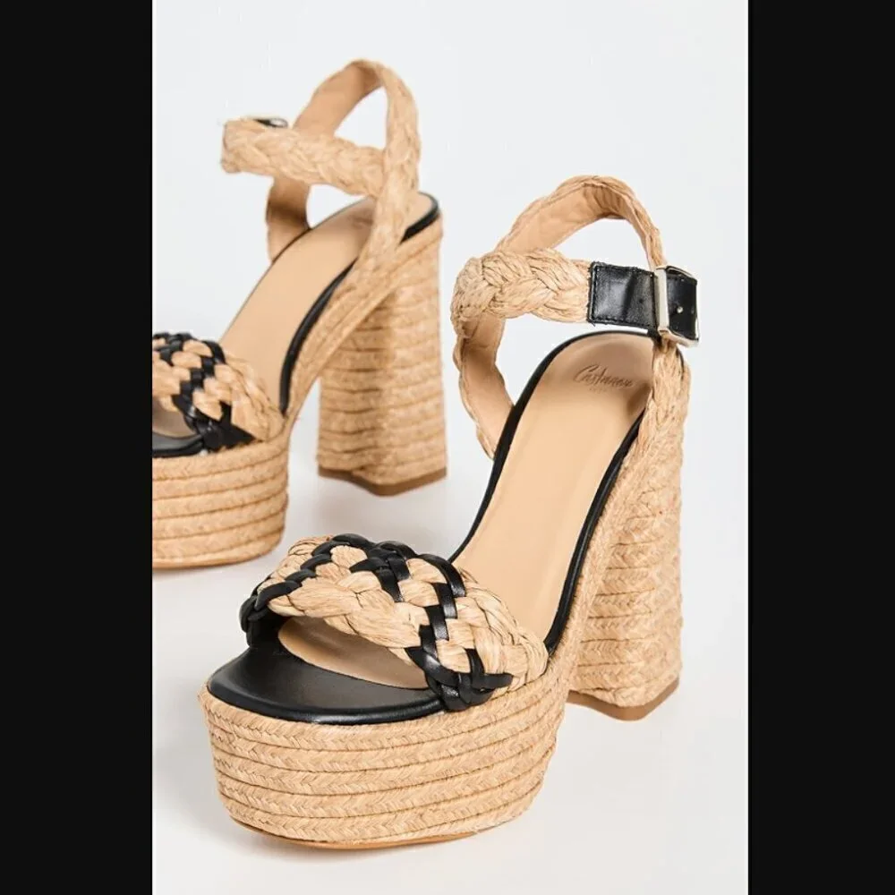 Castaner Agnes Natural & Black Woven Raffia  Tall Sandals Platform Heels 39 US 8